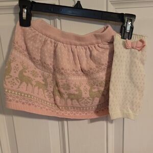 🔵Pink and Cream Knit Sweater Skirt with Reindeer Pattern And Legwarmers Size 2T